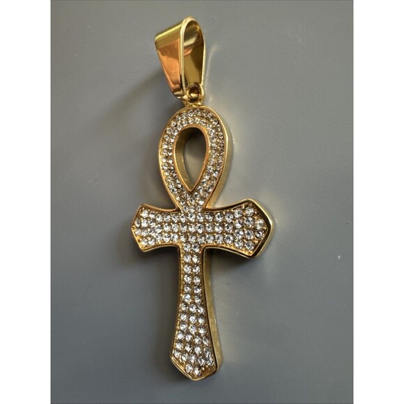 Gold Plated Cubic Zirconia Stainless Steel Egyptian Ankh Cross Pendant Necklace - Picture 2 of 6